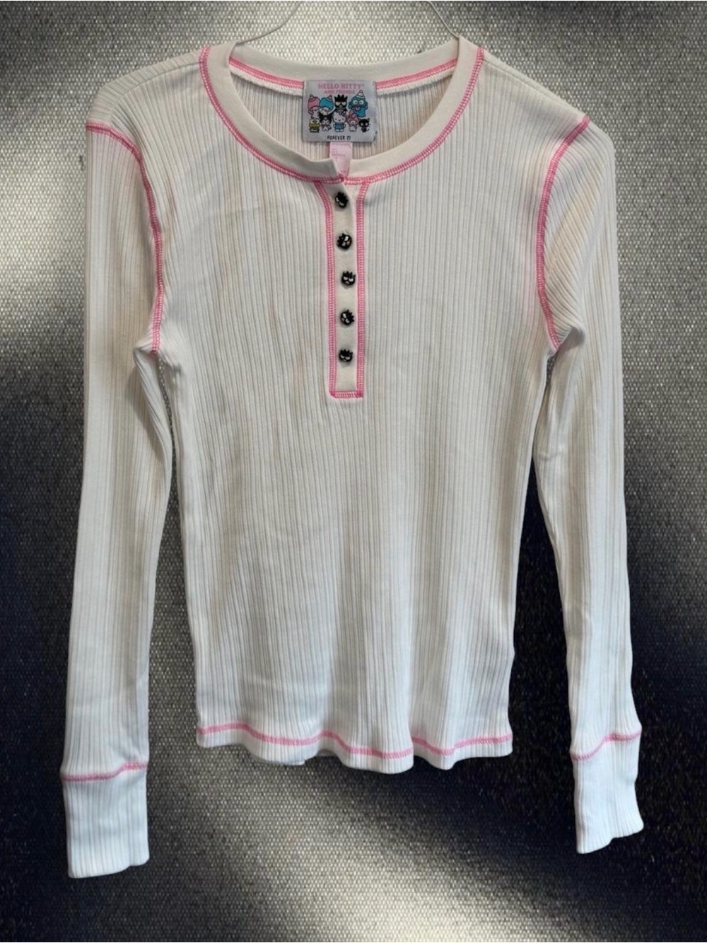 Hello Kitty Girls' White Ribbed Long-Sleeve Henley Top with Pink Trim